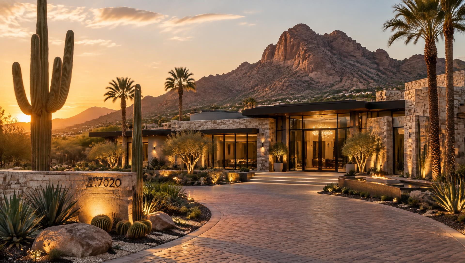 Contemporary Paradise Valley desert estate at golden hour