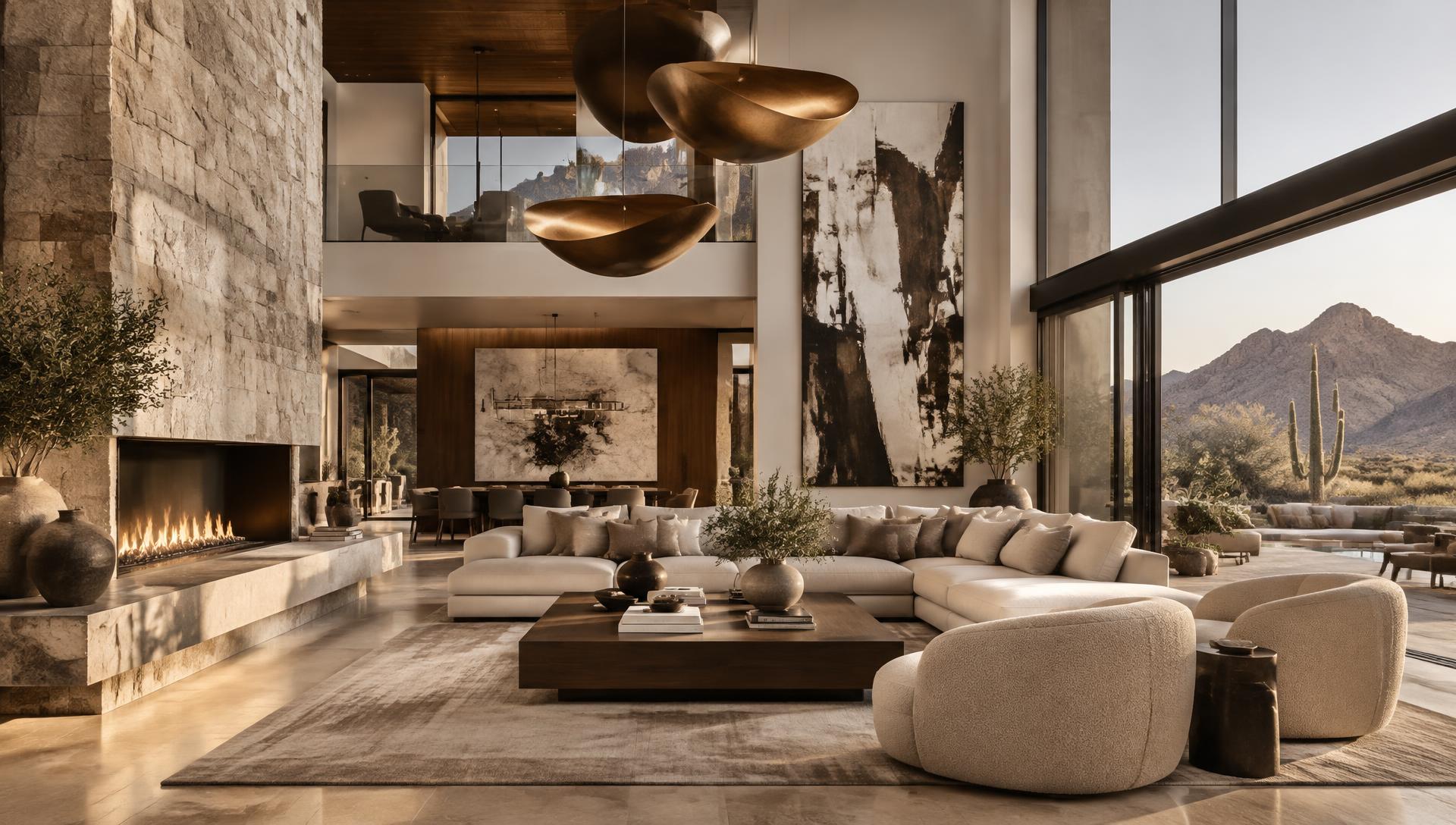 Luxury Paradise Valley living room with stone fireplace and mountain views