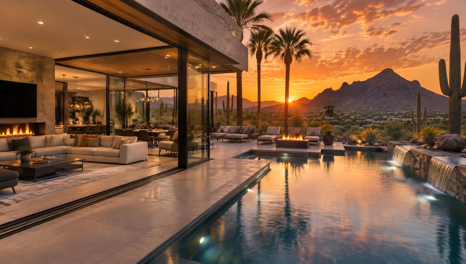 Retractable glass walls opening to a resort-style pool and mountain view